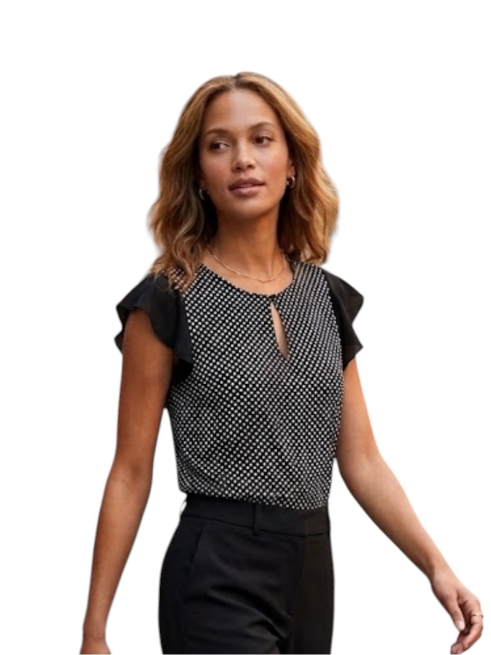 CeCe Black‎ and White Polka Dot Flutter Sleeve Blouse Size S